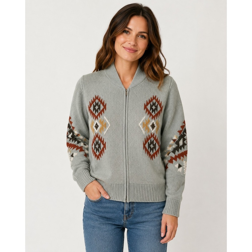 Wrangler Women's XXL Southwestern Aztec Full Zip Sweater Cardigan Gray Western